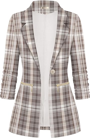 Women's Long Sleeve Blazer Open Front Cardigan Jacket Work Office Blazer with Zipper Pockets