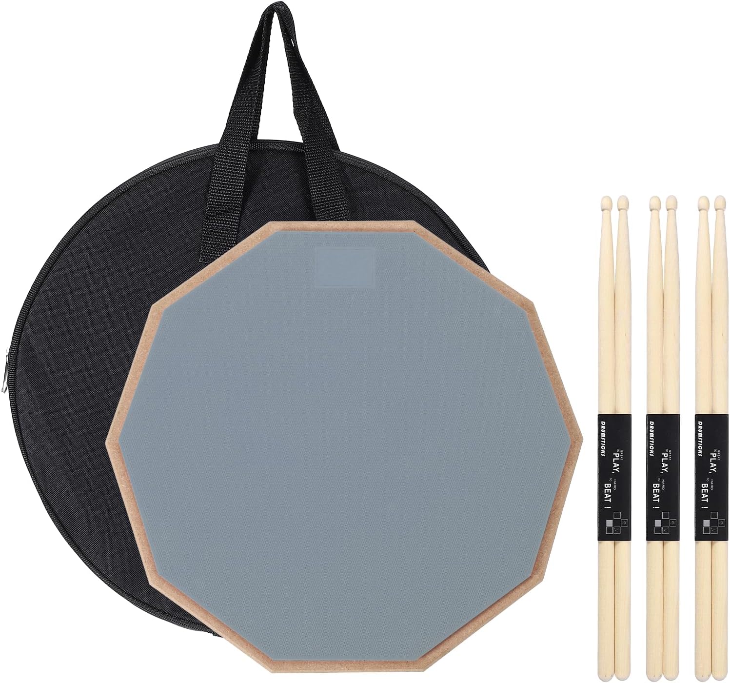 Practice Drum Pad Set, 12 Inch Double Sided Silent Snare Drum Pad Kit Include Drumsticks Carrying Bag