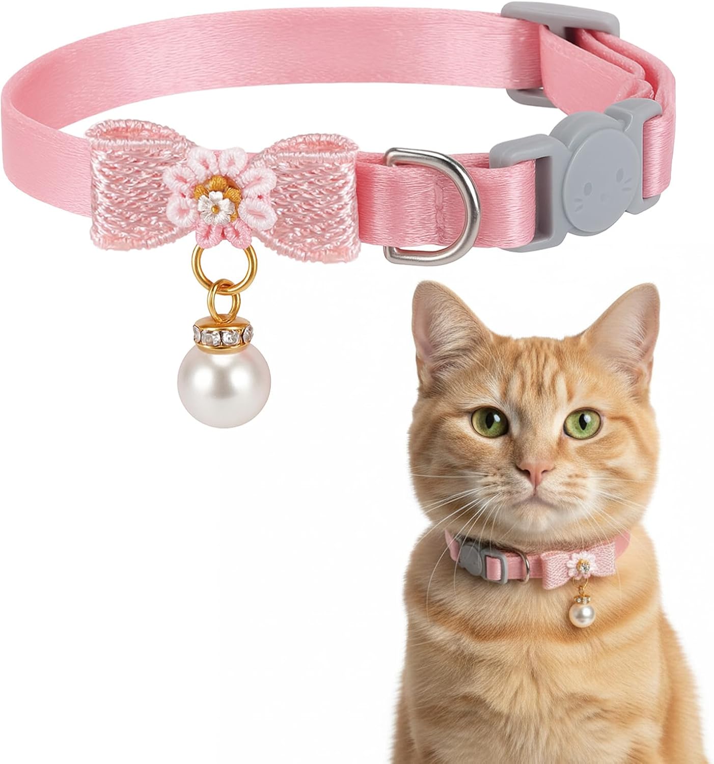 Adjustable Cat Collar with Bow and Pearl Pendant