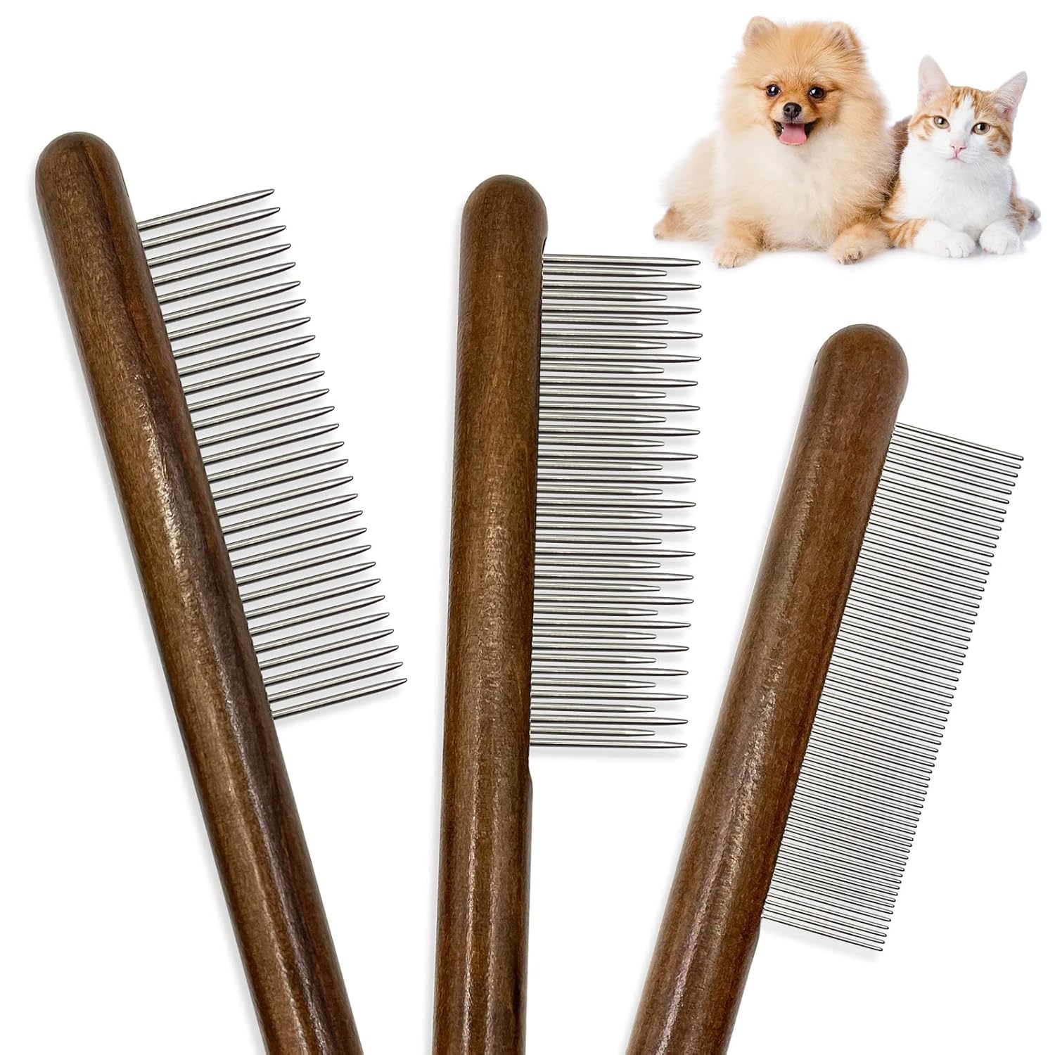 3-Piece Wooden Handle Pet Flea and Grooming Comb Set