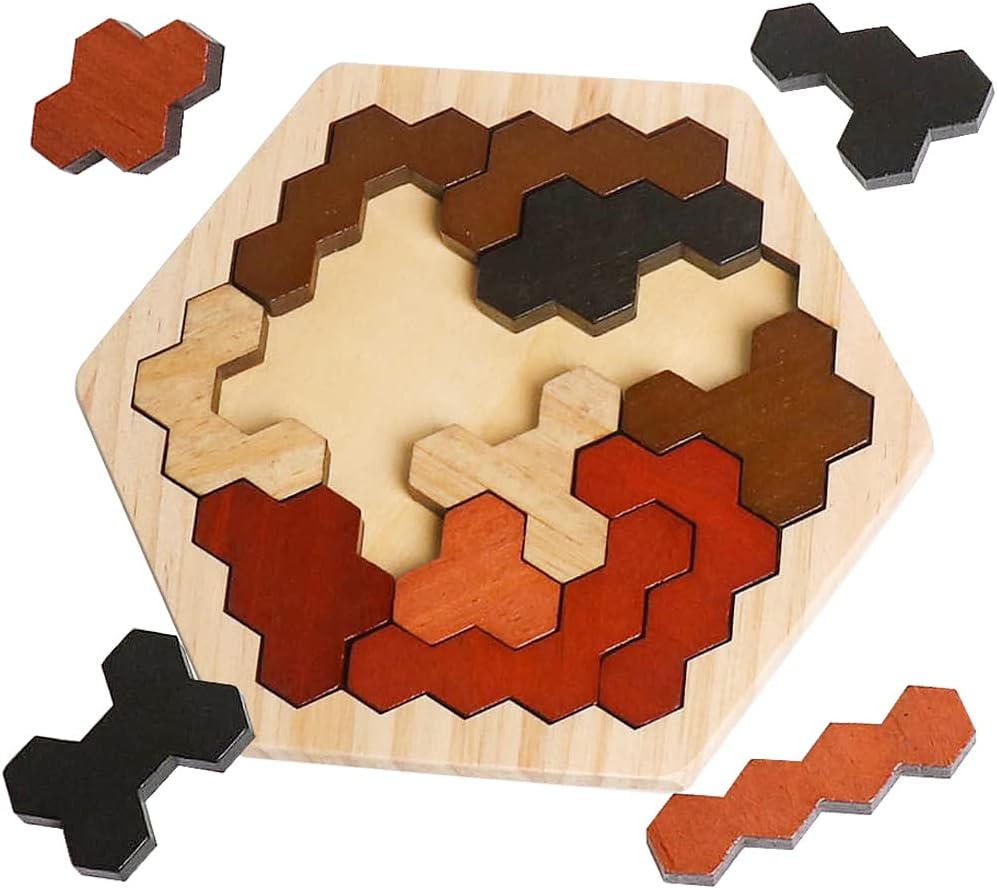 Wooden Hexagon Tangram Puzzle with Colorful Geometry Pieces
