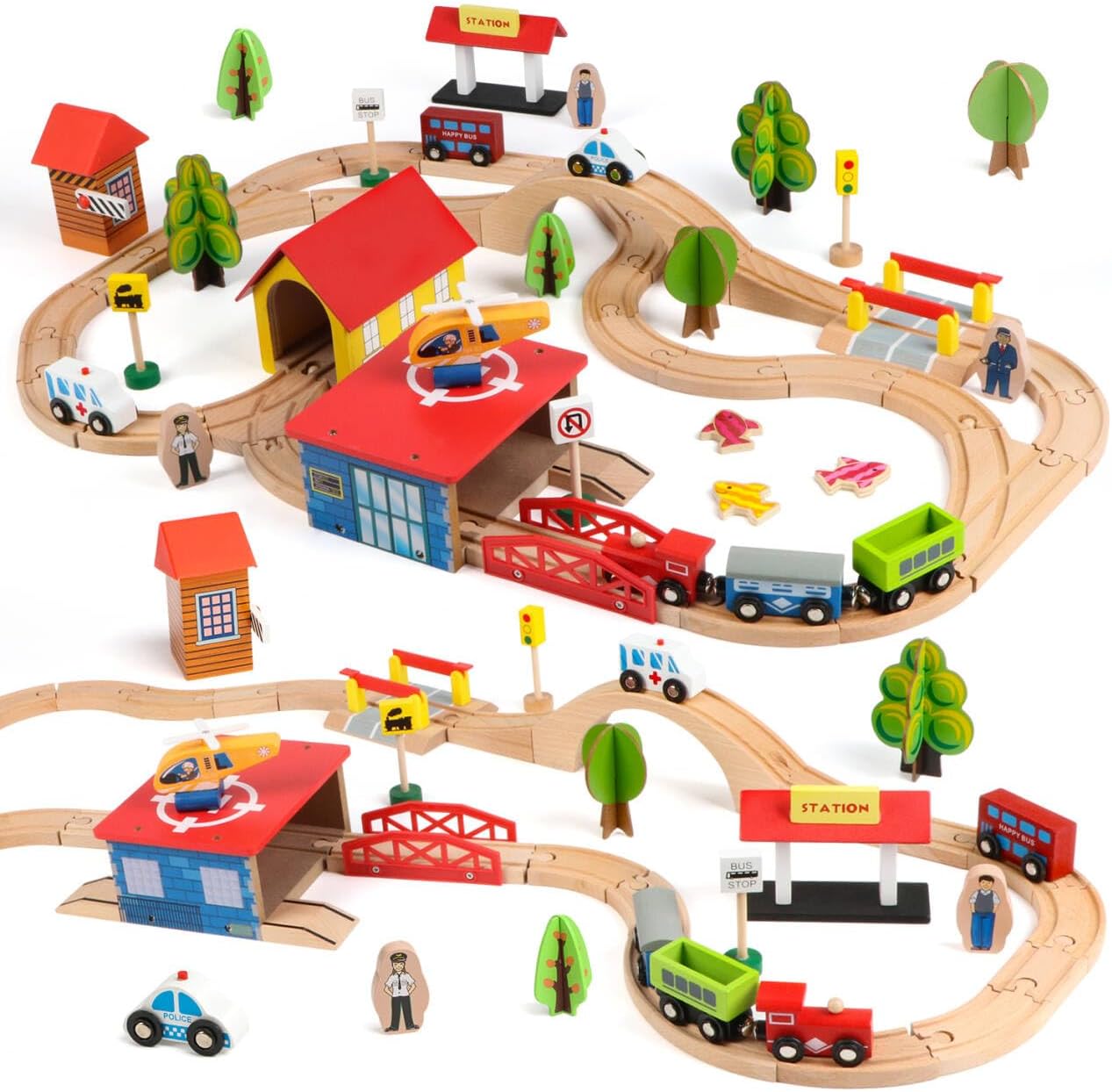 69 PCS Wooden Train Set with Tracks and Accessories for Toddlers