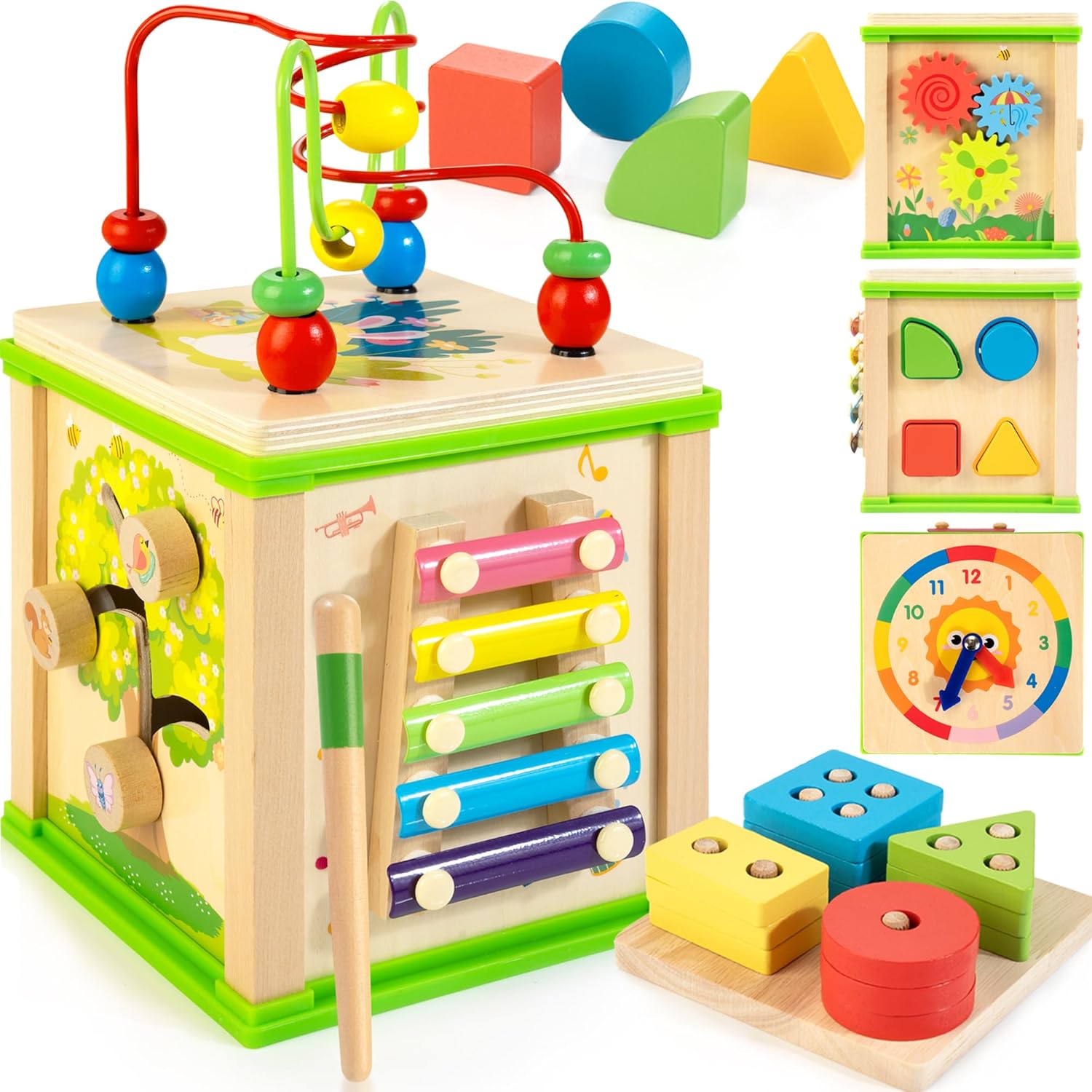 Wooden 7-in-1 Activity Cube for Toddlers