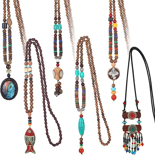 6 Pcs Boho Long Necklaces for Women Vintage Wooden Necklace