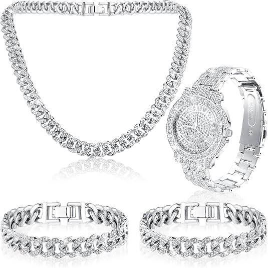 4 Pcs Diamond Watch Cuban Link Chain Men Watch Set