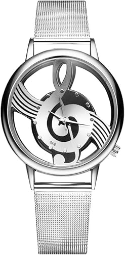 Musical note themed hollow stainless steel mesh strap quartz wrist watch