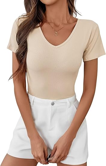 Womens T Shirts Short Sleeve V Neck Tees Basic Tshirts Ribbed Casual Top